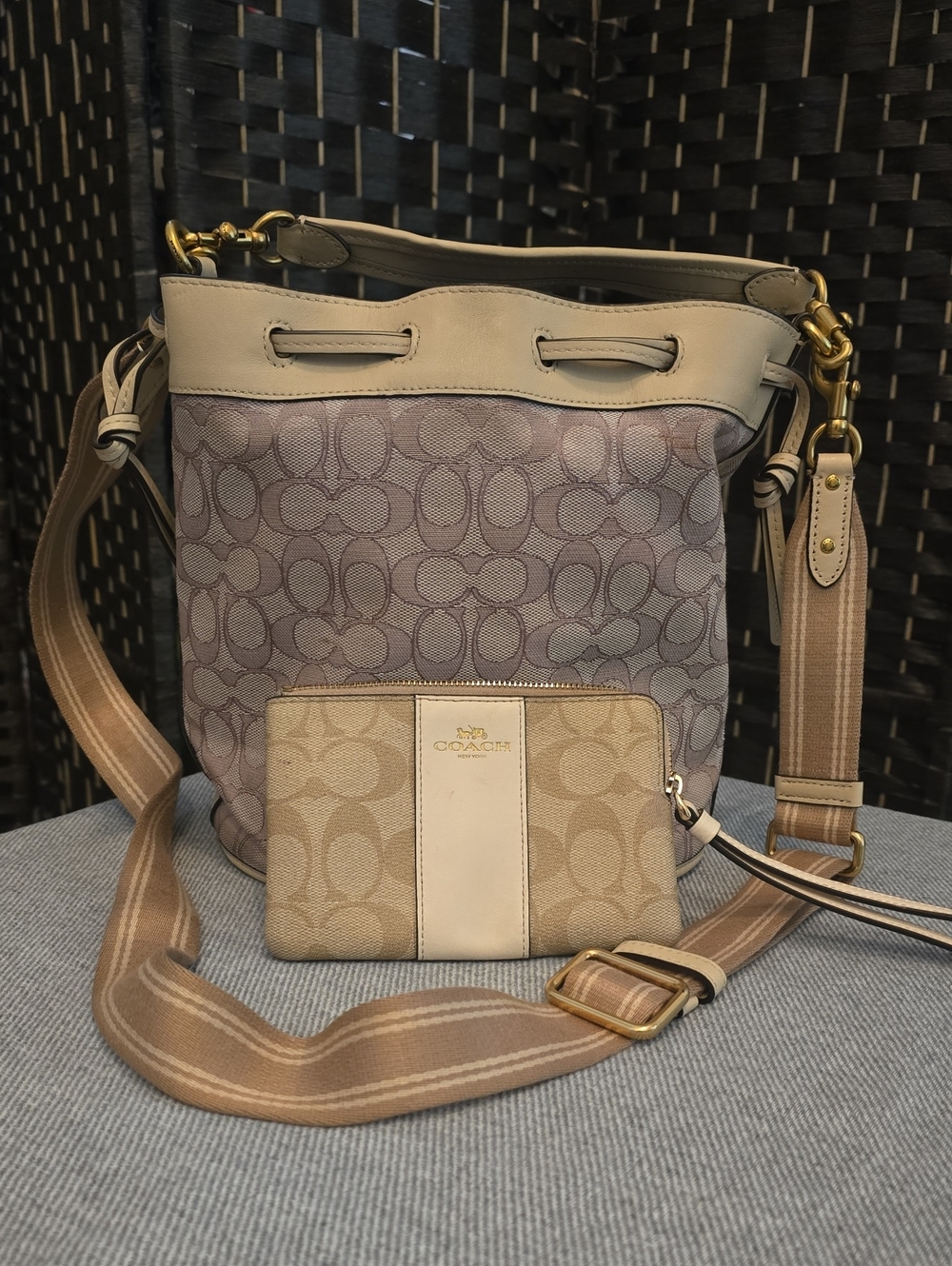 Coach Signature Bucket Bag with Matching Wristlet in Taupe and Cream